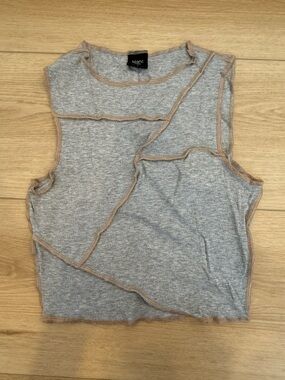 Grey Seam-Detail Knit Top with Contrast Trim